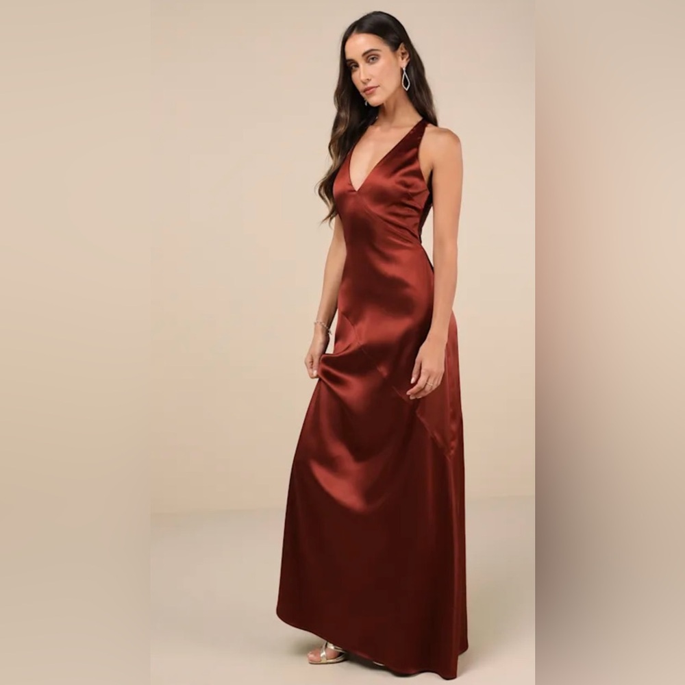 Lulus Purely Elegant Rust Brown Satin Twist-Back Maxi Dress Size Small